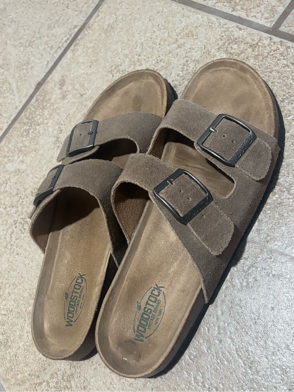 Woodstock Men's Double-Buckle Suede Slide Sandals - Taupe